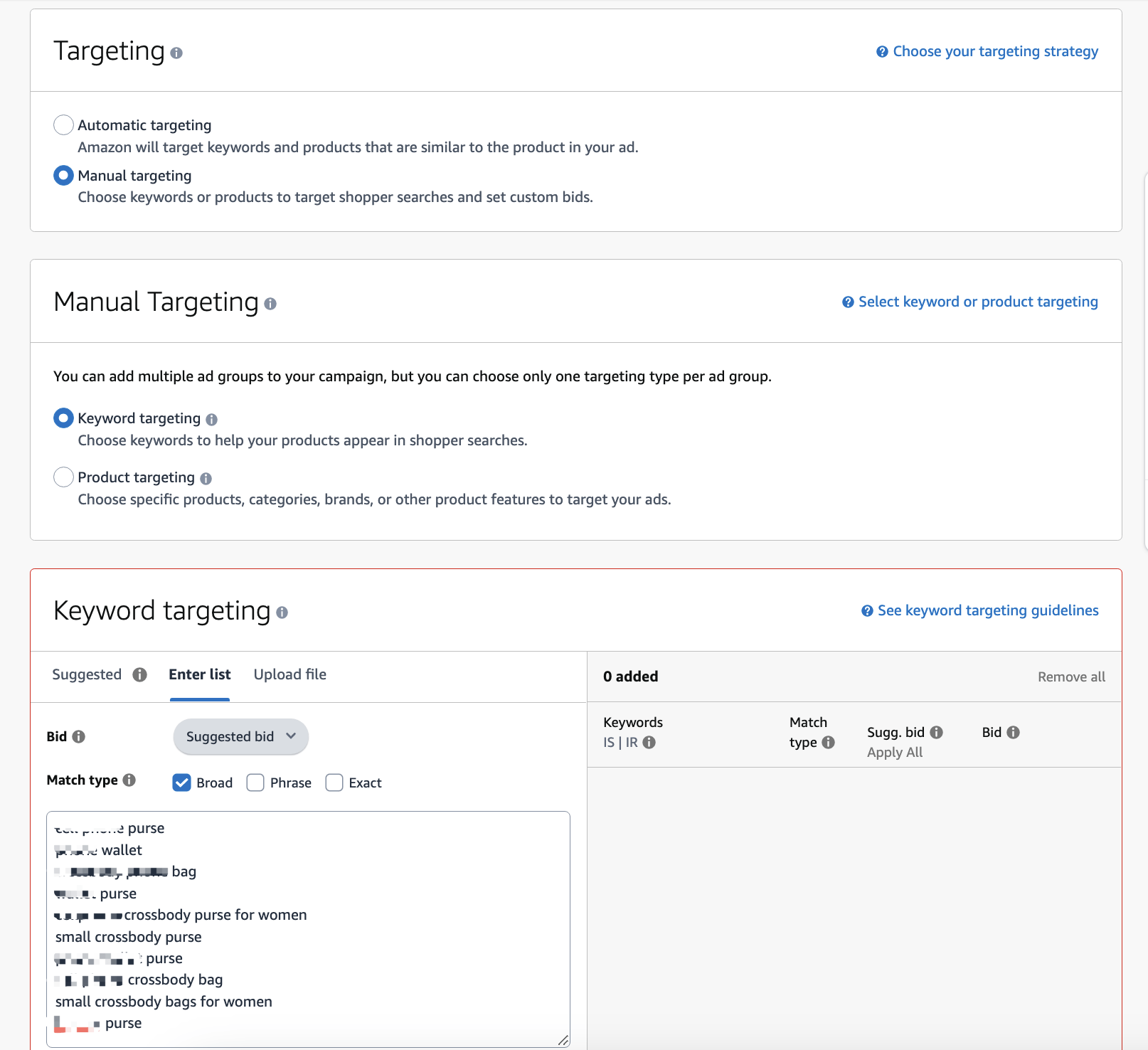 Amazon Ad Campaigns settings, targeting different groups of keywords