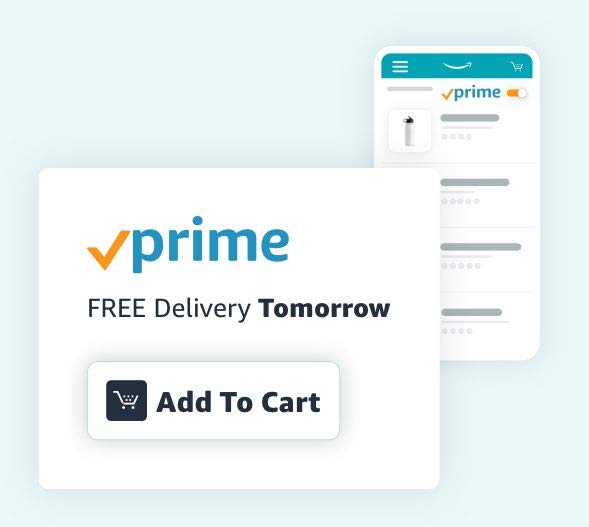 Water bottles available through Amazon Prime shipping, and a Prime shipping badge with an “add to cart” button