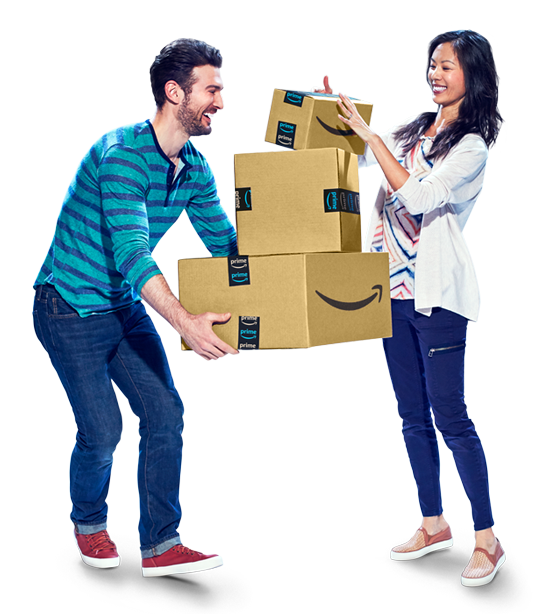 Man and woman holding a stack of Amazon boxes to ship
