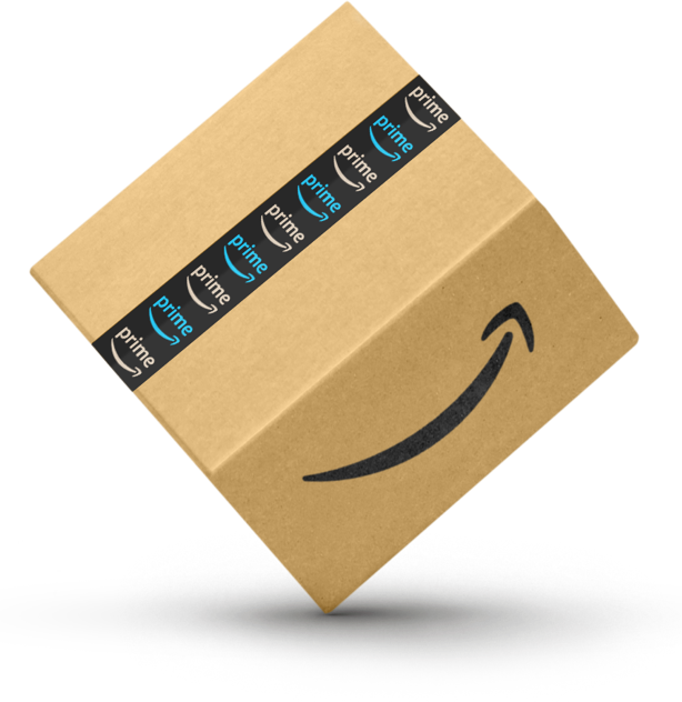 Amazon box balancing on its corner with the Amazon logo displayed