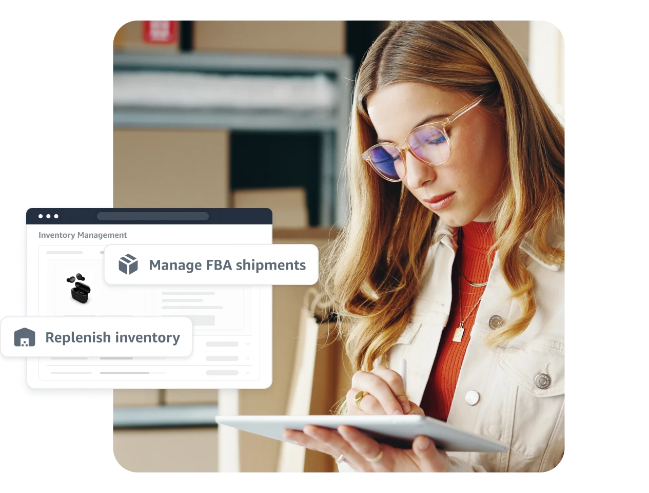 a photo of a woman looking at her tablet with inventory behind her and a lofi illustration of inventory management on seller central with action callouts