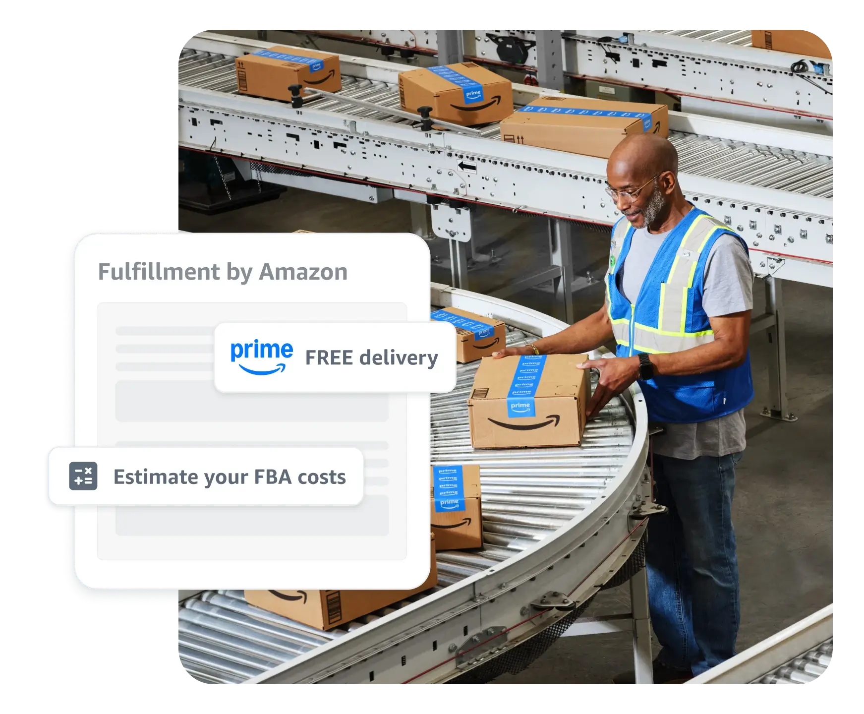 Image of a man at computer with inventory in shelves around him. A lofi FBA card with Estimate costs and send to Amazon feature callouts