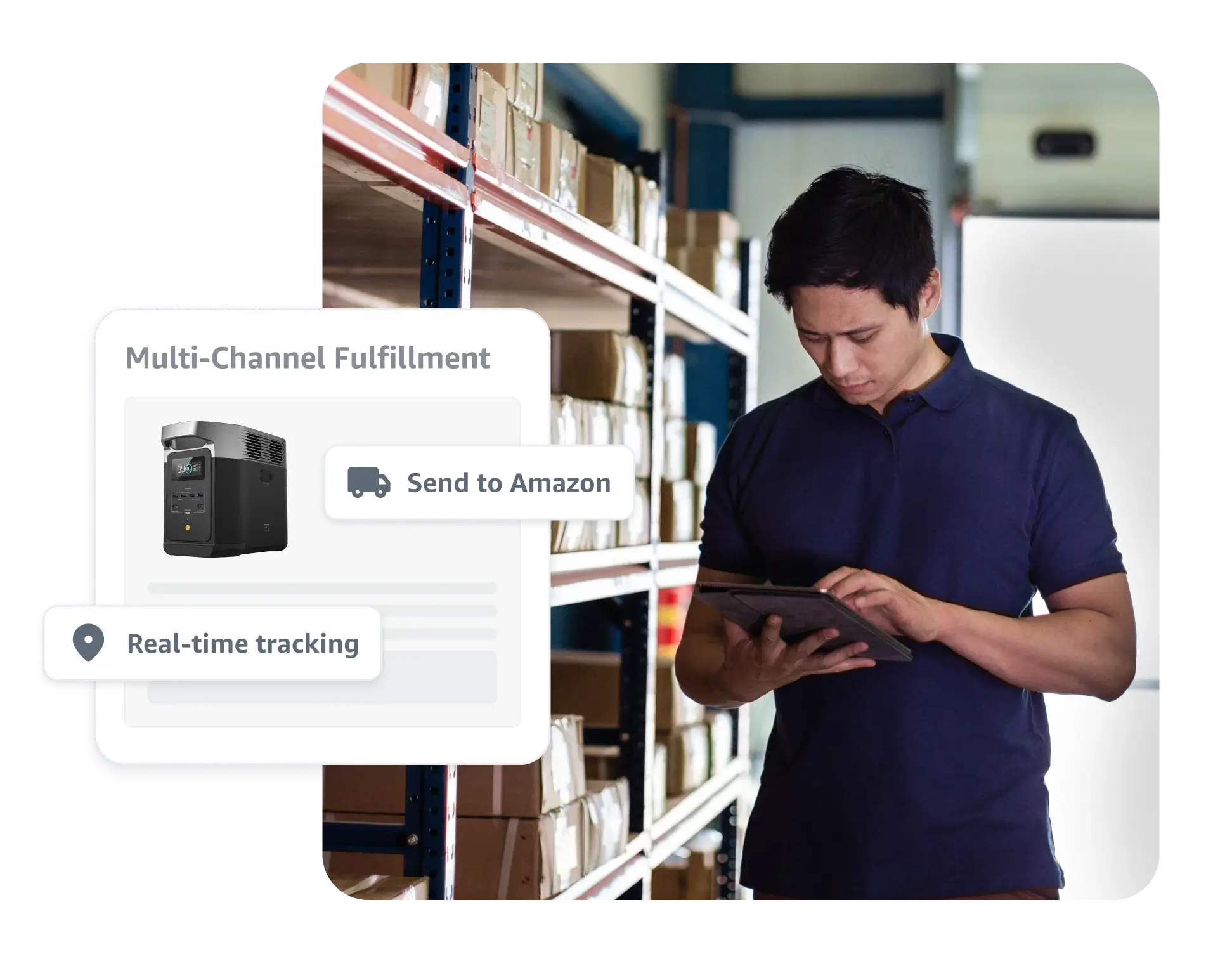 man looking at tablet surrounded with inventory in a warehouse. with a lofi ui card showcasing some features of Multi-Channel Fulfillment