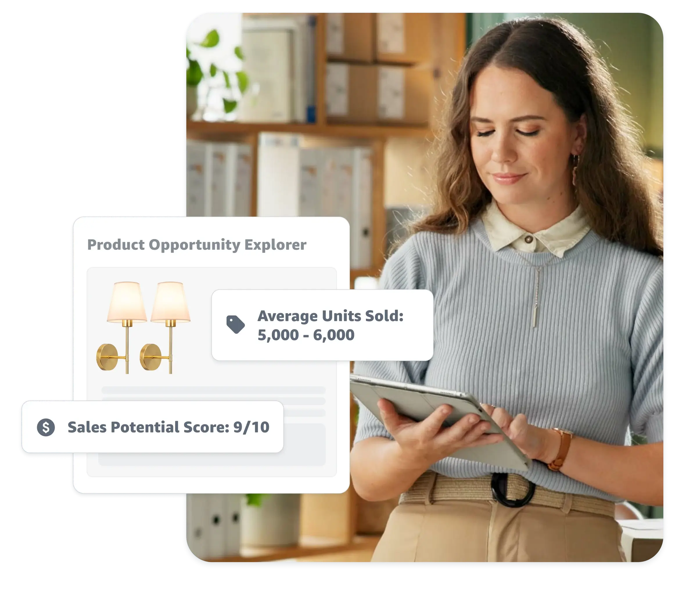 woman looking at tablet with a product lofi illustration of the Product Opportunity Explorer feature callouts