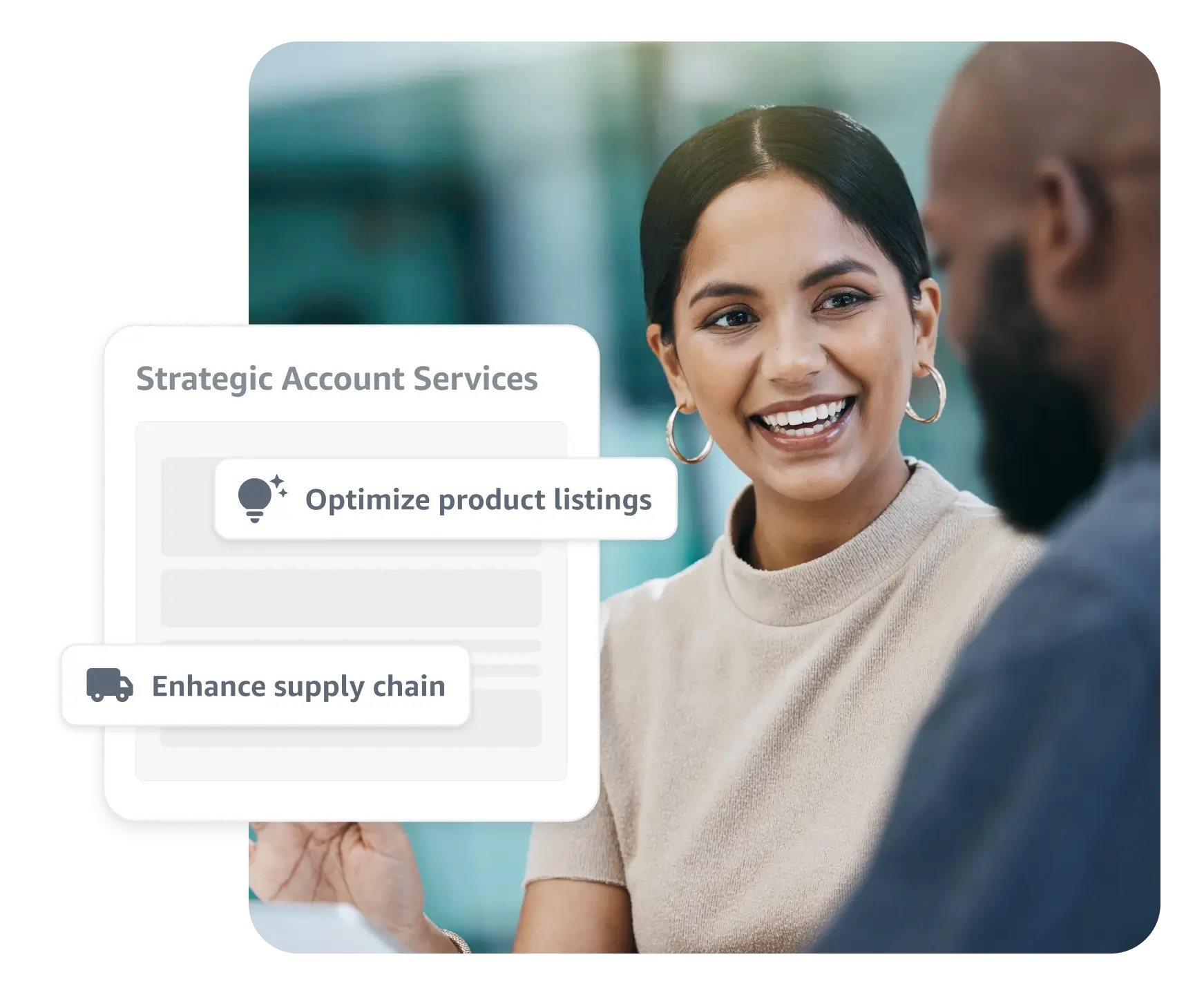 Image of a seller and an account manager with a lofi of Strategic Account Services feature callouts