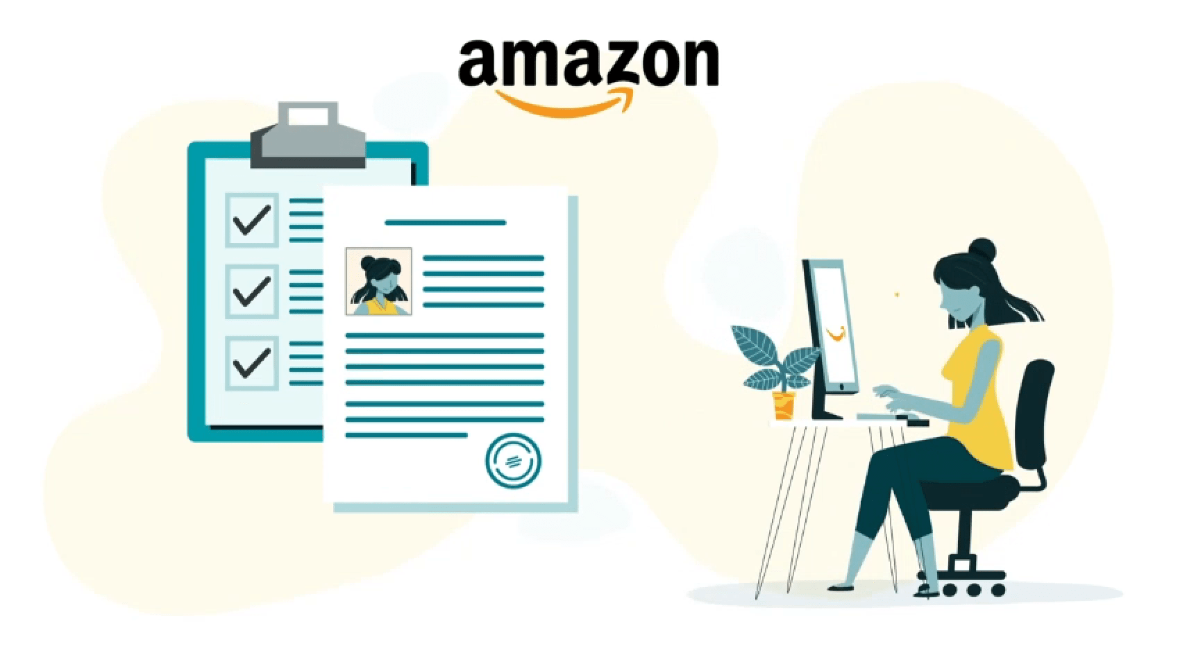 Ilustración de una mujer registrándose como vendedora en Amazon.