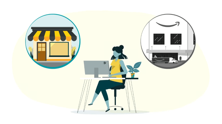 Ilustración de una mujer gestionando su negocio en línea con el almacén de Amazon.