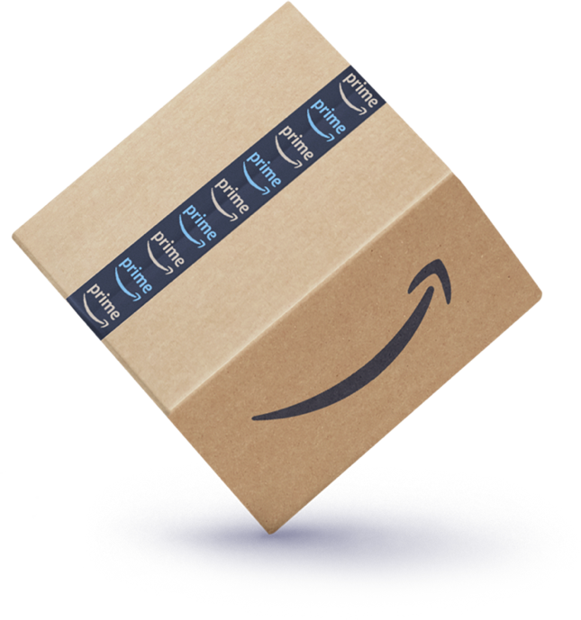 隅にバランスがとれたAmazonのロゴが入ったAmazonの箱