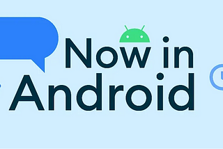 “Now in Android” text banner, with a text balloon and the Android developer parentheses on the left, the Android head logo, and a clock on the right.